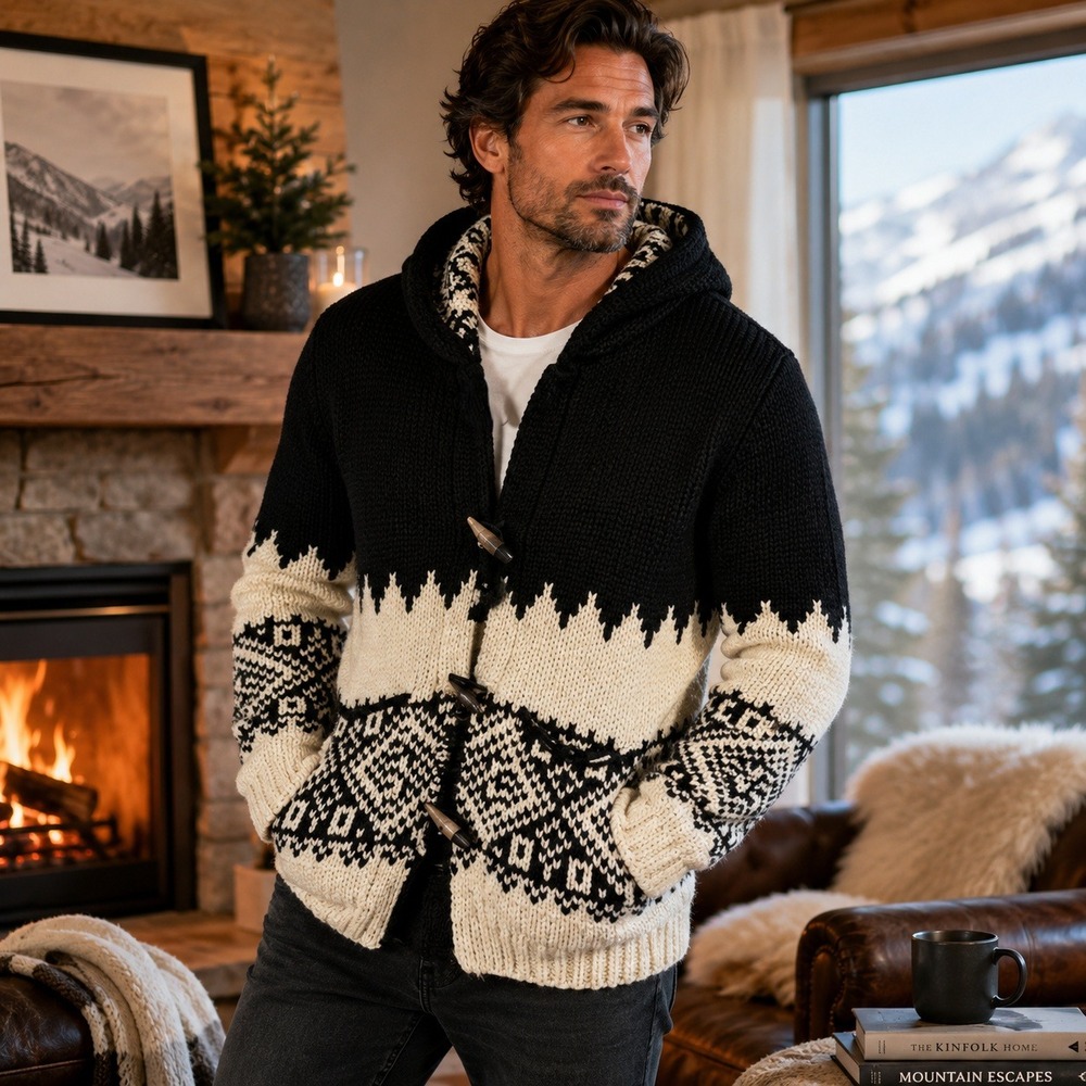 Laneus Italy Wool Hooded Cardigan Sweater Men's S/M (48) Black Ivory Nordic Knit